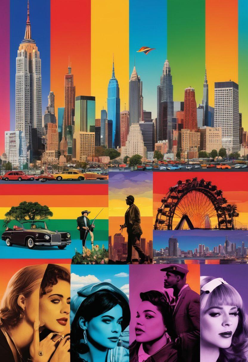 A colorful collage depicting a timeline from vintage video diaries to modern adult entertainment, intertwined with symbols of LGBTQ culture such as rainbows, pride flags, and iconic film reels. The background features a vibrant city skyline representing the evolution of media, with diverse individuals engaged in various forms of expression. The scene should radiate inclusivity and celebration, blending historical and contemporary elements. vibrant colors. 3D. pop art.